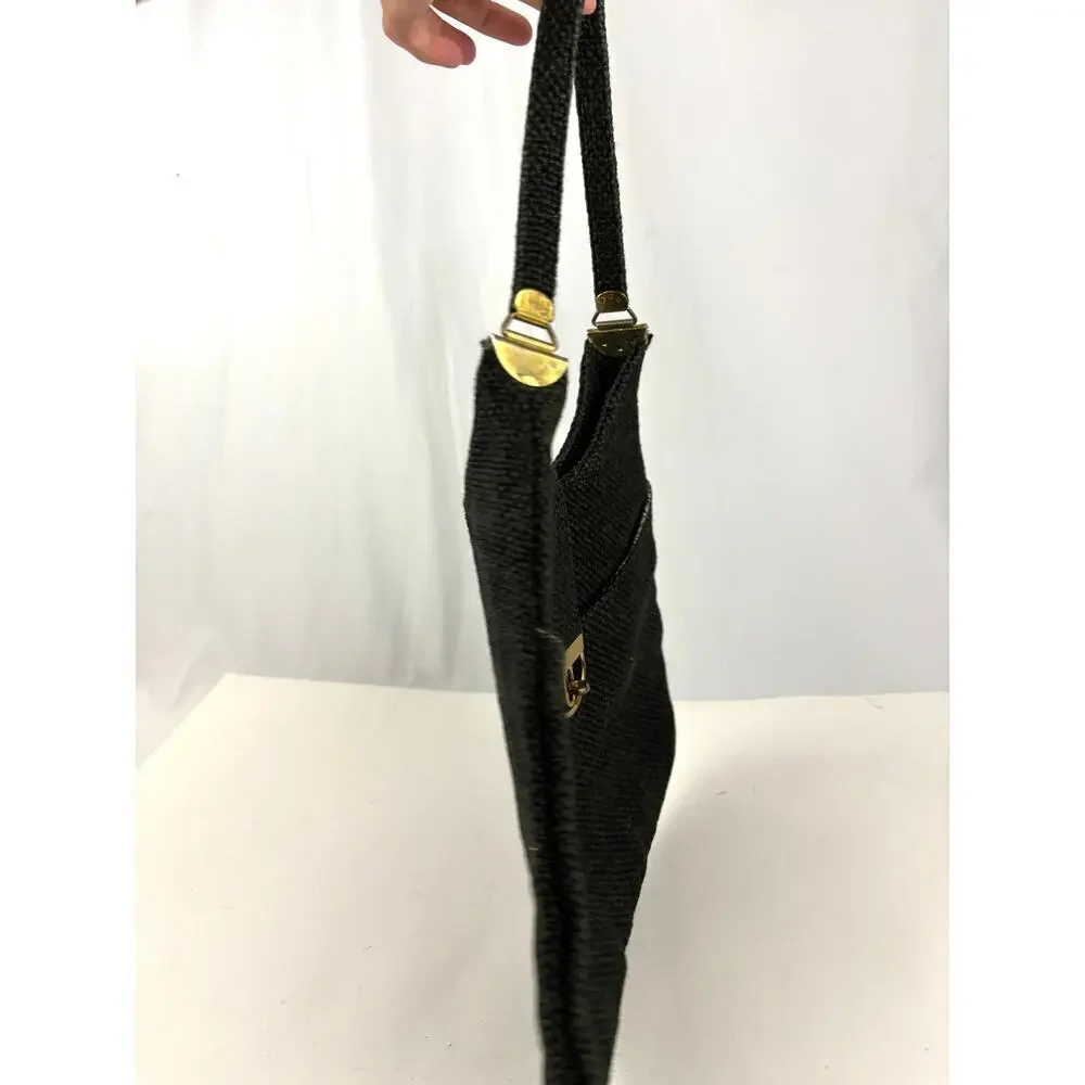 VTG 1970s Charcoal Black Tweed‎ Hobo Bag Gold Hardware Unique